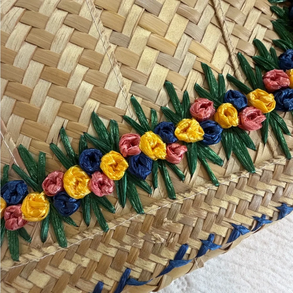 Vintage Straw Clutch Purse Floral woven handmade 11” - Picture 2 of 11